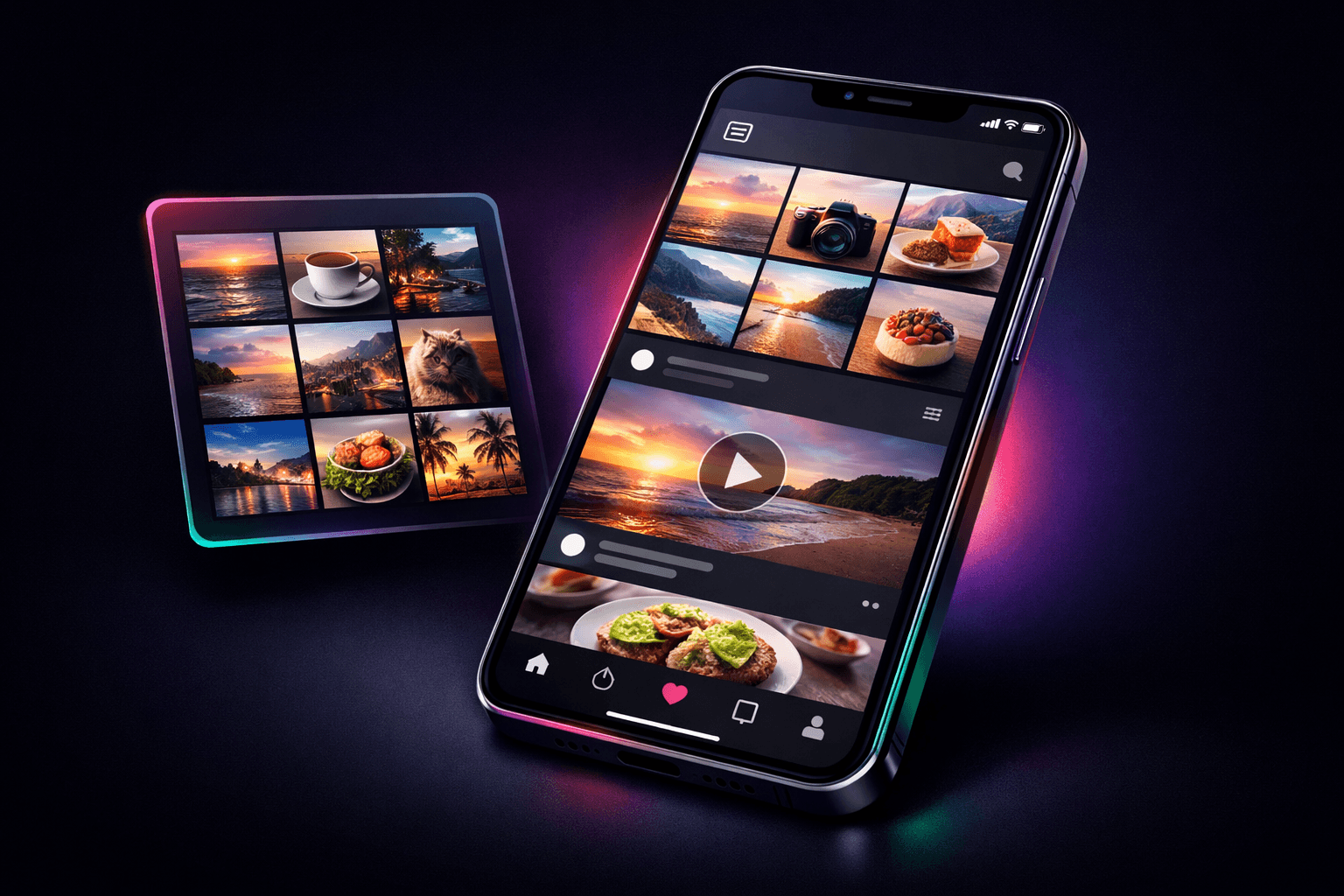 Ilustración: móvil con cuadrícula de perfil y feed de inicio de Instagram, estilo oscuro con acentos rosa y esmeralda