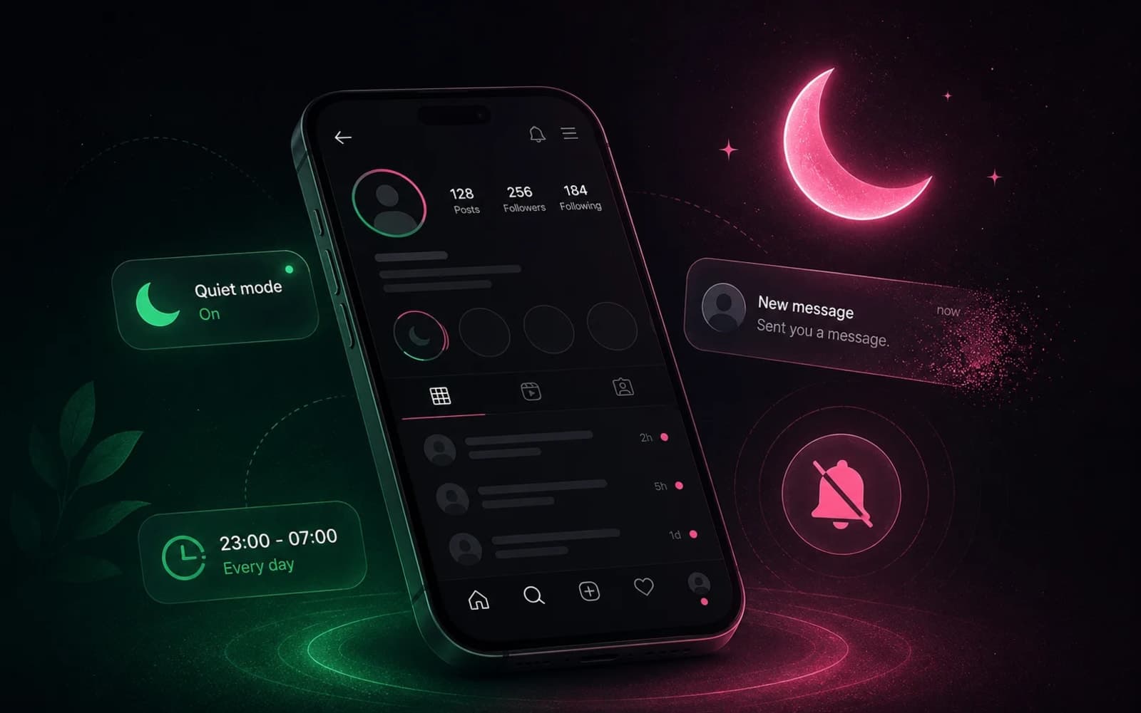 Ilustración: modo silencioso de Instagram con notificaciones pausadas y horario de descanso